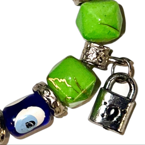 VTG Jasper, Silver Sea Glass Evil Eye Beaded Bracelet - Picture 5 of 13